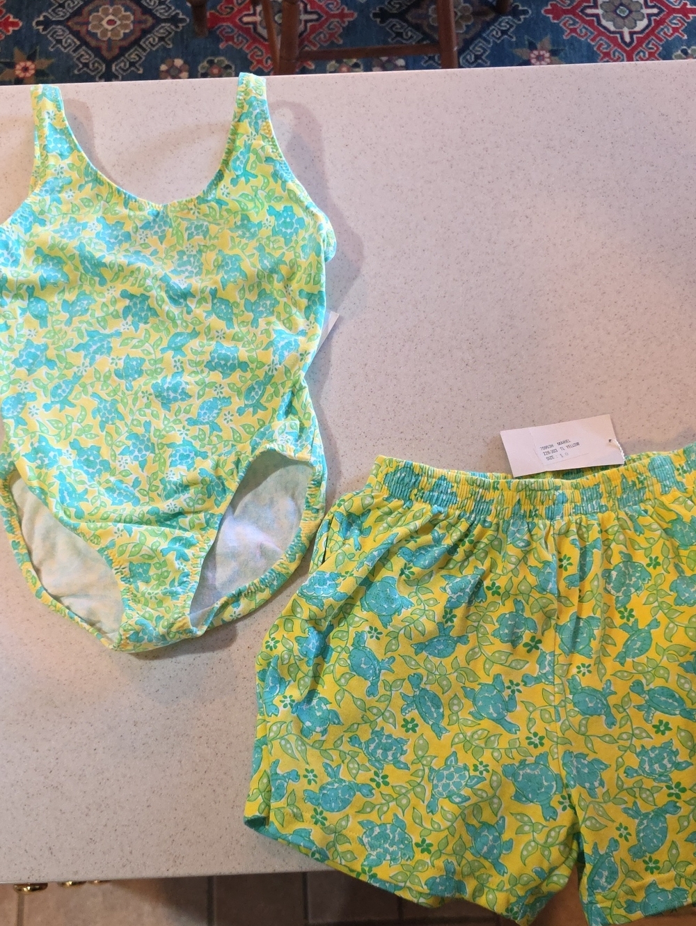 Lilly Pulitzer NWT Yellow & Teal  One-Piece Swimsuit with Matching Shorts- Sz 10